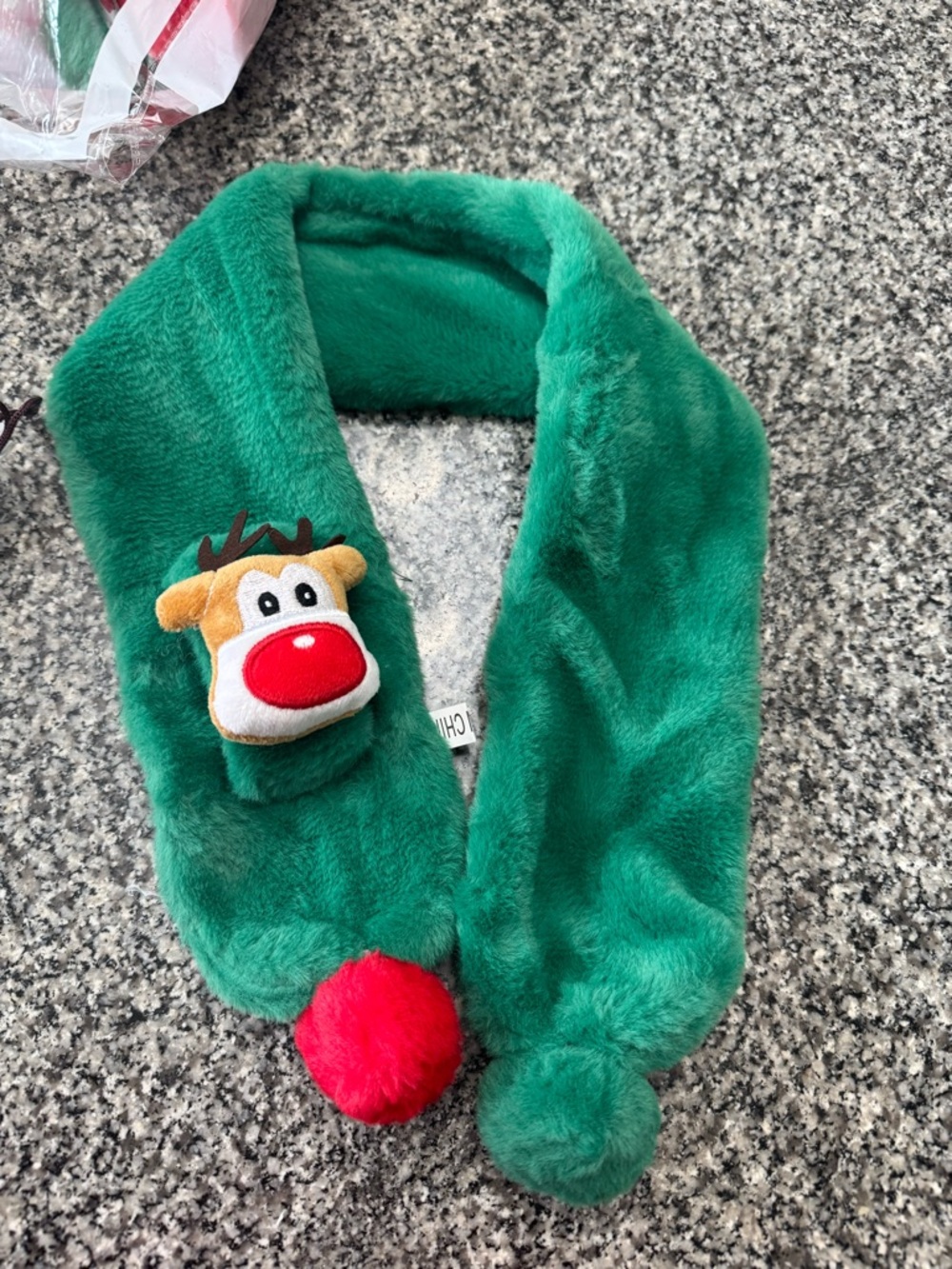 Green Plush Holiday Scarf with Reindeer Accent
